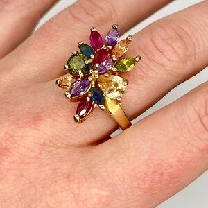 Vintage Multicolor Gemstone Flower Statement Ring Gold Tone Size 7/8